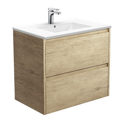 Dolce Ceramic Moulded Basin-Top + Amato Scandi Oak Cabinet with Solid Side Panels Wall-Hung 2 Drawer 750mm 1 Tap Hole [191692]