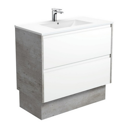 Dolce 900 Ceramic Moulded Basin-Top + Amato Satin White Cabinet On Kick 2 Drawer 1 Tap Hole [191693]