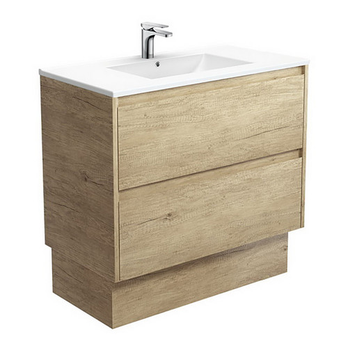 Dolce 900 Ceramic Moulded Basin-Top + Amato Scandi Oak Cabinet with Solid Side Panels On Kick Board 2 Drawer 1 Tap Hole [191697]