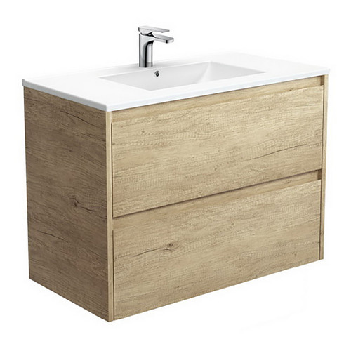 Dolce Ceramic Moulded Basin-Top + Amato Scandi Oak Cabinet with Solid Side Panels Wall-Hung 2 Drawer 900mm 1 Tap Hole [191698]