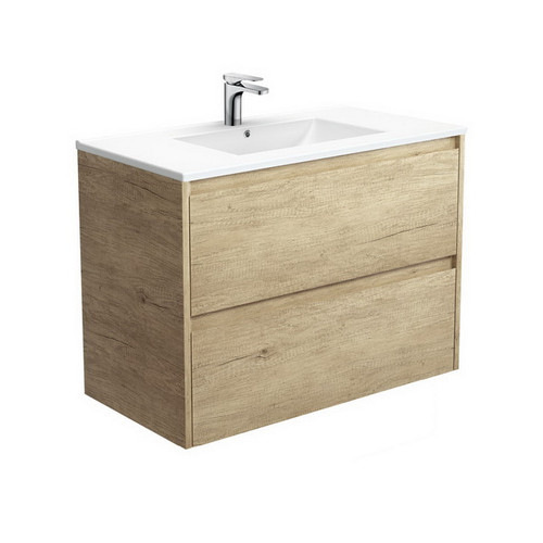 Dolce Ceramic Moulded Basin-Top + Amato Scandi Oak Cabinet w/Solid Side Panels Wall Hung 2 Drawer 900mm 1TH [191698]