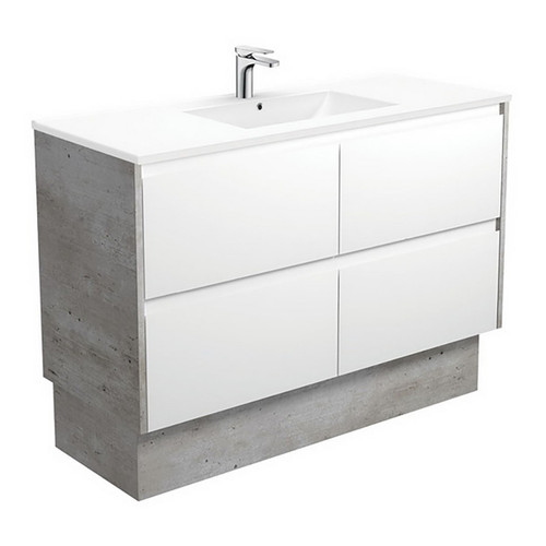Dolce Ceramic Moulded Basin-Top + Amato Satin White Cabinet On Kick 4 Drawer 1200mm 1 Tap Hole [191699]