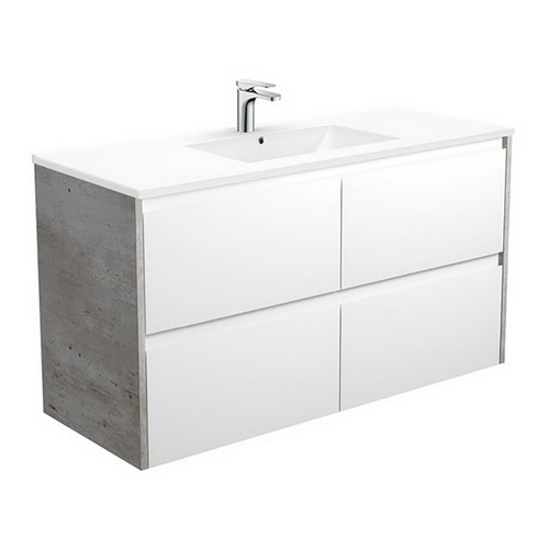 Dolce 1200 Ceramic Moulded Basin-Top + Amato Satin White Cabinet Wall-Hung 4 Drawer 1 Tap Hole [191700]