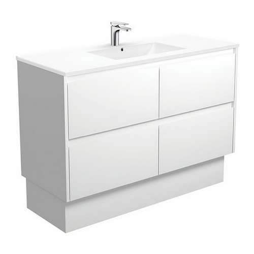Dolce Ceramic Moulded Basin-Top + Amato Satin White Cabinet with Solid Side Panels On Kick Board 4 Drawer 1200mm 1 Tap Hole [191701]