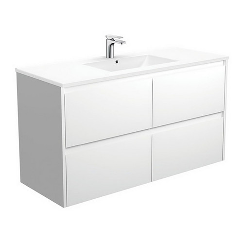 Dolce Ceramic Moulded Basin-Top + Amato Satin White Cabinet Wall-Hung with Solid Panels 4 Drawer 1200mm 1 Tap Hole [191702]
