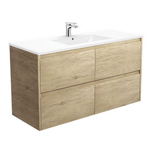 Dolce Ceramic Moulded Basin-Top + Amato Scandi Oak Cabinet Wall-Hung with Solid Panels 4 Drawer 1200mm 1 Tap Hole [191704]