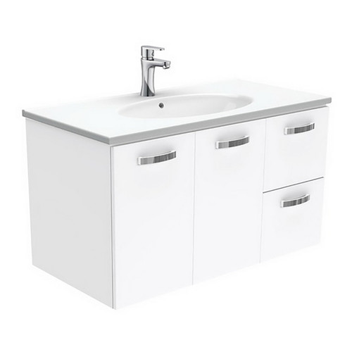 Rotondo 900 Ceramic Moulded Basin-Top + Unicab Gloss White Cabinet Wall-Hung 2 Door 2 Left Drawer 1 Tap Hole [197315]