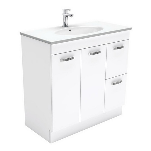 Rotondo 900 Ceramic Moulded Basin-Top + Unicab Gloss White Cabinet on Kick Board 2 Door 2 Left Drawer 3 Tap Hole [197320]