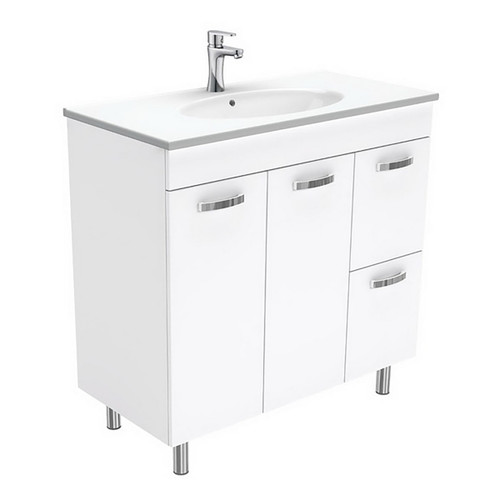 Rotondo 900 Ceramic Moulded Basin-Top + Unicab Gloss White Cabinet on Legs 2 Door 2 Right Drawer 3 Tap Hole [197326]