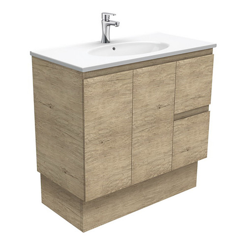 Rotondo 900 Ceramic Moulded Basin-Top + Edge Scandi Oak Cabinet on Kick Board 2 Door 2 Left Drawer 3 Tap Hole [197334]