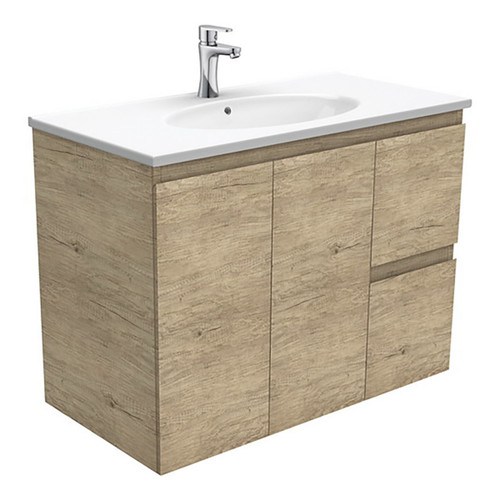 Rotondo 900 Ceramic Moulded Basin-Top + Edge Scandi Oak Cabinet Wall-Hung 2 Door 2 Left Drawer 3 Tap Hole [197338]