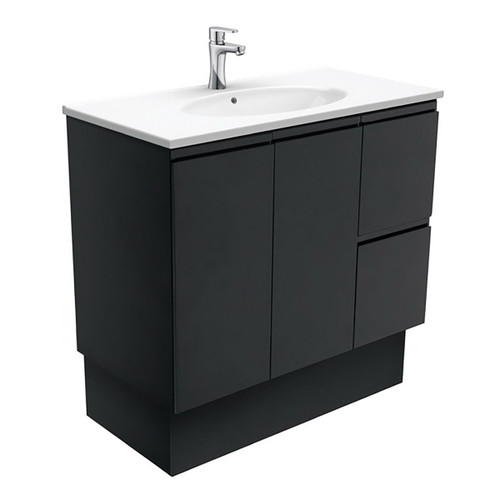 Rotondo 900 Ceramic Moulded Basin-Top + Fingerpull Satin Black Cabinet On Kick Board 2 Door 2 Right Drawer 3 Tap Holes [197352]
