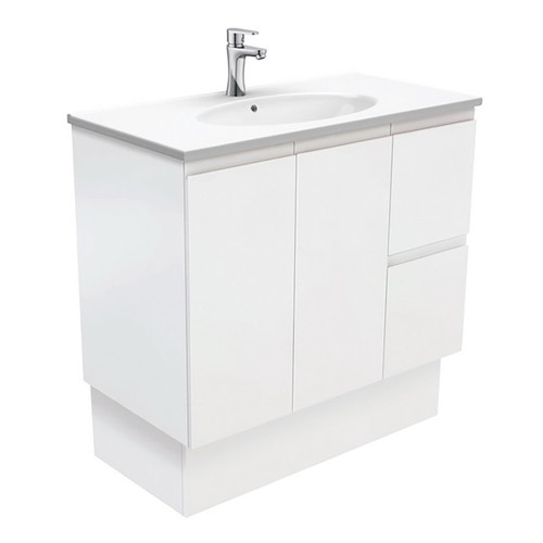 Rotondo 900 Ceramic Moulded Basin-Top + Fingerpull Satin White Cabinet On Kick Board 2 Door 2 Right Drawer 3 Tap Holes [197360]