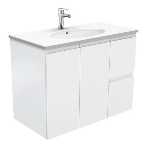 Rotondo 900 Ceramic Moulded Basin-Top + Fingerpull Satin White Cabinet Wall-Hung 2 Door 2 Left Drawer 3 Tap Hole [197362]