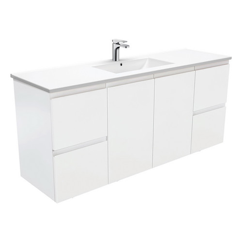 Dolce 1500 Ceramic Moulded Basin-Top, Single Bowl + Fingerpull Satin White Cabinet Wall-Hung 1 Tap Hole [197527]
