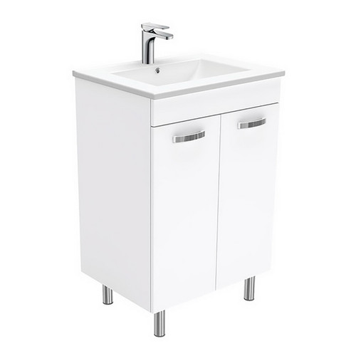 Dolce 600 Ceramic Moulded Basin-Top + Unicab Gloss White Cabinet on Legs No Tap Hole [197541]