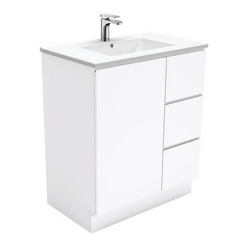 Dolce 750 Ceramic Moulded Basin-Top + Fingerpull Gloss White Cabinet On Kick Board 1 Door 3 Right Drawer 3 Tap Holes [197559]