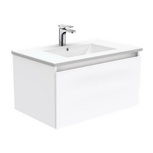Dolce 750 Ceramic Moulded Basin-Top + Manu Gloss White Cabinet Wall-Hung 2 Internal Drawer No Tap Hole [197564]
