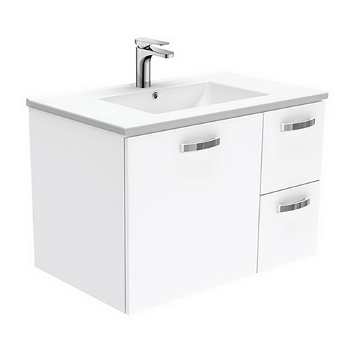 Dolce 750 Ceramic Moulded Basin-Top + Unicab Gloss White Cabinet Wall-Hung 1 Door 2 Left Drawer 3 Tap Hole [197567]