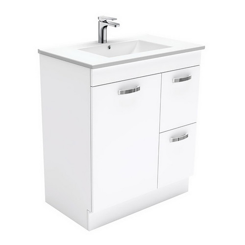 Dolce 750 Ceramic Moulded Basin-Top + Unicab Gloss White Cabinet on Kick Board 1 Door 2 Right Drawer No Tap Hole [197574]