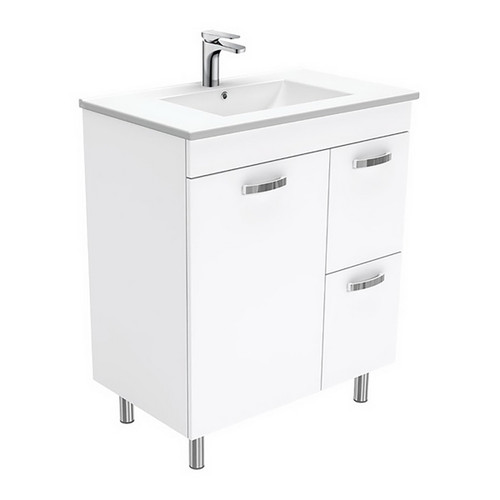 Dolce 750 Ceramic Moulded Basin-Top + Unicab Gloss White Cabinet on Legs 1 Door 2 Right Drawer No Tap Hole [197580]