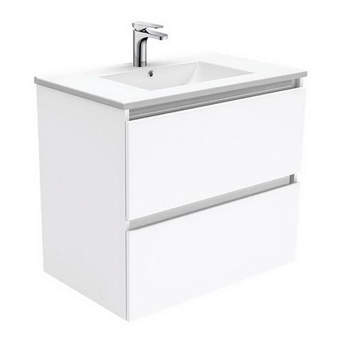 Dolce 750 Ceramic Moulded Basin-Top + Quest Gloss White Cabinet Wall-Hung 2 Drawer 3 Tap Hole [197587]