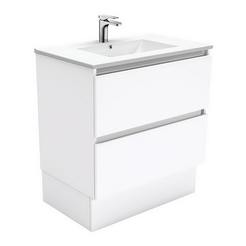 Dolce 750 Ceramic Moulded Basin-Top + Quest Gloss White Cabinet on Kick Board2 Drawer No Tap Hole [197589]
