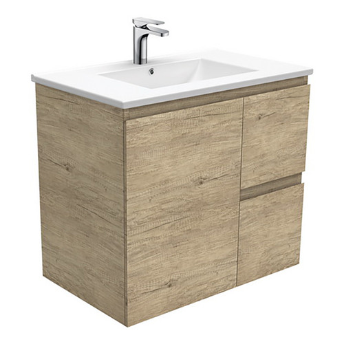 Dolce 750 Ceramic Moulded Basin-Top + Edge Scandi Oak Cabinet Wall-Hung 1 Door 2 Left Drawer 3 Tap Hole [197599]
