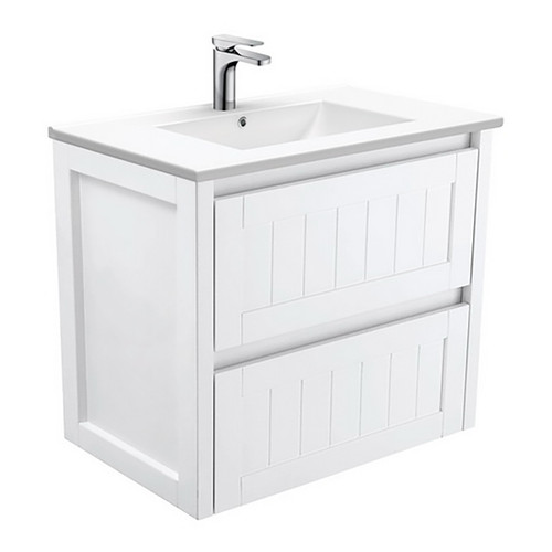 Dolce 750 Ceramic Moulded Basin-Top + Hampton Satin White Cabinet Wall-Hung 3 Tap Hole [197605]