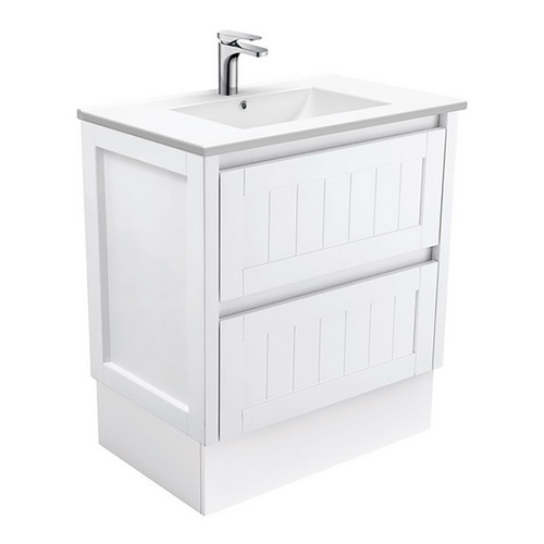 Dolce 750 Ceramic Moulded Basin-Top + Hampton Satin White Cabinet on Kick Board 3 Tap Hole [197608]