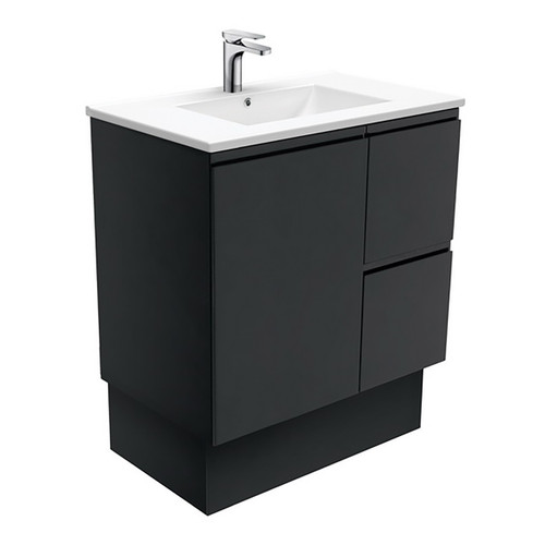 Dolce Ceramic Moulded Basin-Top + Fingerpull Satin Black Cabinet On Kick Board 1 Door 2 Right Drawer 750mm 1 Tap Hole [197620]