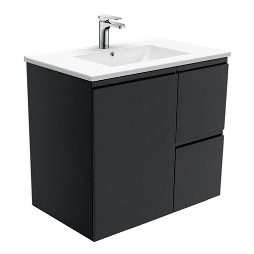 Dolce 750 Ceramic Moulded Basin-Top + Fingerpull Satin Black Cabinet Wall-Hung 1 Door 2 Left Drawer 1 Tap Hole [197623]