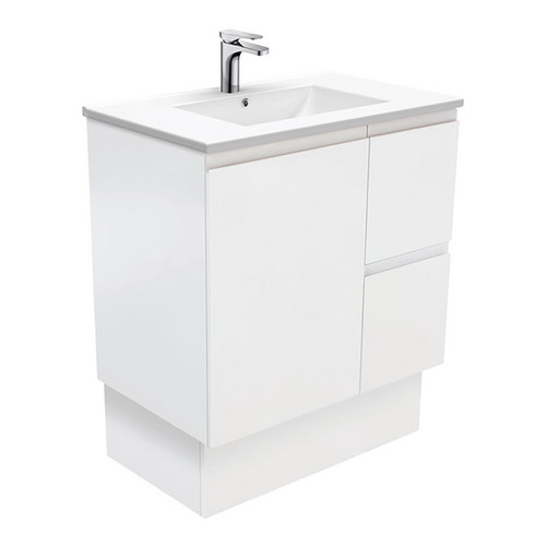 Dolce 750 Ceramic Moulded Basin-Top + Fingerpull Satin White Cabinet On Kick Board 1 Door 2 Right Drawer 3 Tap Holes [197634]