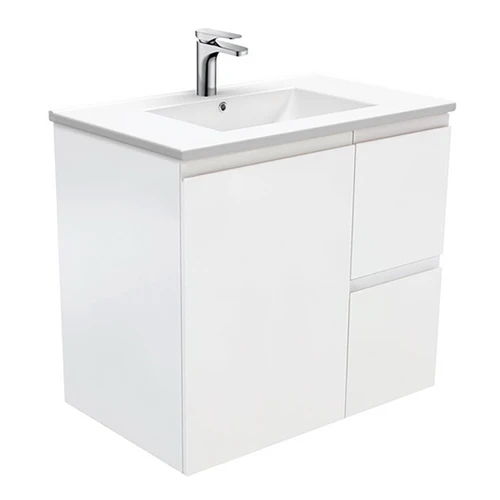Dolce 750 Ceramic Moulded Basin-Top + Fingerpull Satin White Cabinet Wall-Hung 1 Door 2 Left Drawer 1 Tap Hole [197635]
