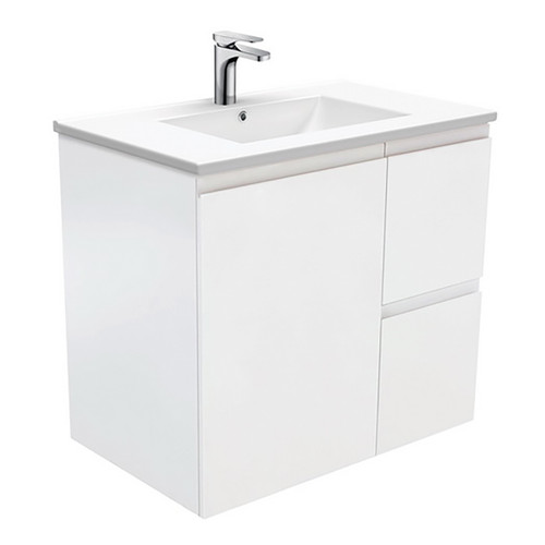Dolce 750 Ceramic Moulded Basin-Top + Fingerpull Satin White Cabinet Wall-Hung 1 Door 2 Right Drawer No Tap Hole [197639]