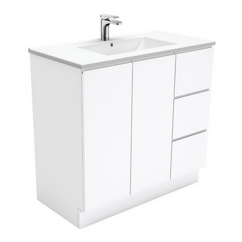 Dolce Ceramic Moulded Basin-Top + Fingerpull Gloss White Cabinet On Kick Board 2 Door 3 Right Drawer 900mm 3 Tap Holes [197648]