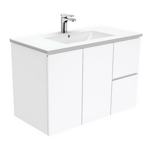 Dolce 900 Ceramic Moulded Basin-Top + Fingerpull Gloss White Cabinet Wall-Hung 2 Door 2 Left Drawer 3 Tap Hole [197650]