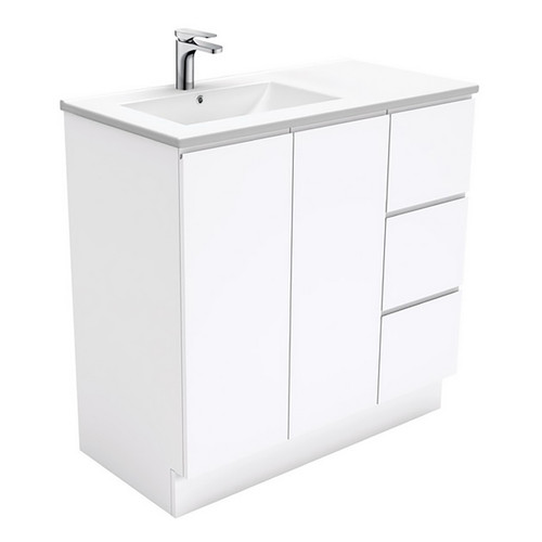 Dolce 900 Left Offset Ceramic Basin-Top + Fingerpull Gloss White Cabinet on Kick Board 2 Door 3 Drawer 3 Tap Hole [197660]
