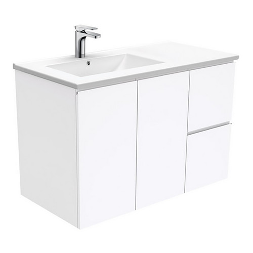 Dolce 900 Left Offset Ceramic Basin-Top + Fingerpull Gloss White Cabinet Wall-Hung 2 Door 2 Drawer 3 Tap Hole [197662]