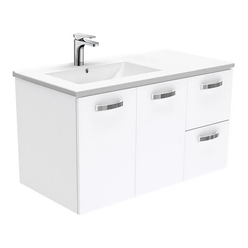 Dolce 900 Left Offset Ceramic Basin-Top + Unicab Gloss White Cabinet on Kick Board 2 Door 2 Drawer 1 Tap Hole [197665]