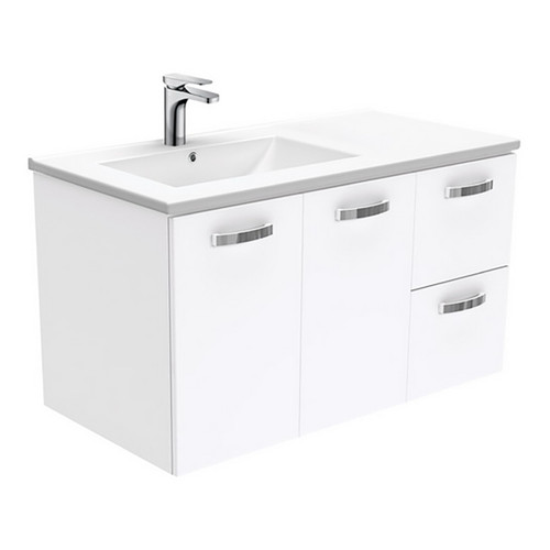 Dolce 900 Left Offset Ceramic Basin-Top + Unicab Gloss White Cabinet on Kick Board 2 Door 2 Drawer 3 Tap Hole [197666]