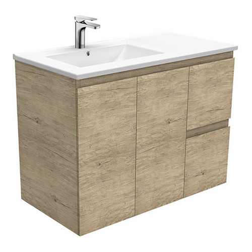 Dolce 900 Left Offset Ceramic Basin-Top + Edge Scandi Oak Cabinet Wall-Hung 2 Door 2 Drawer 3 Tap Hole [197668]