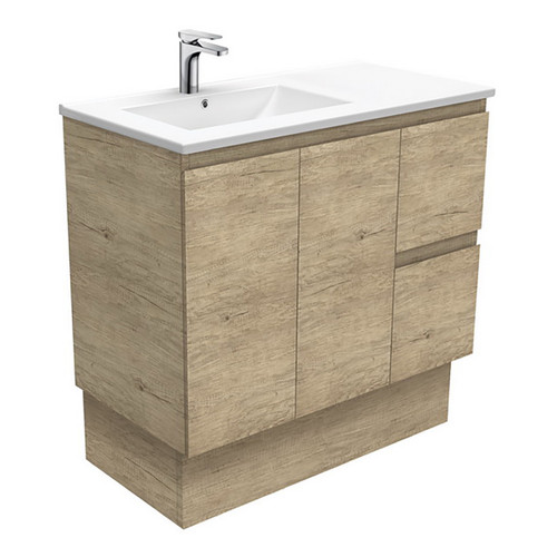 Dolce 900 Left Offset Ceramic Basin-Top + Edge Scandi Oak Cabinet on Kick Board 2 Door 2 Drawer 1 Tap Hole [197669]