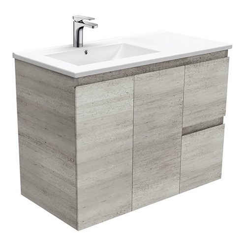 Dolce 900 Left Offset Ceramic Basin-Top + Edge Industrial Cabinet on Kick Board 2 Door 2 Drawer 3 Tap Hole [197674]