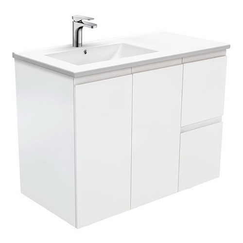 Dolce 900 Left Offset Ceramic Basin-Top + Fingerpull Matte White Cabinet Wall-Hung 2 Door 2 Drawer 1 Tap Hole [197675]