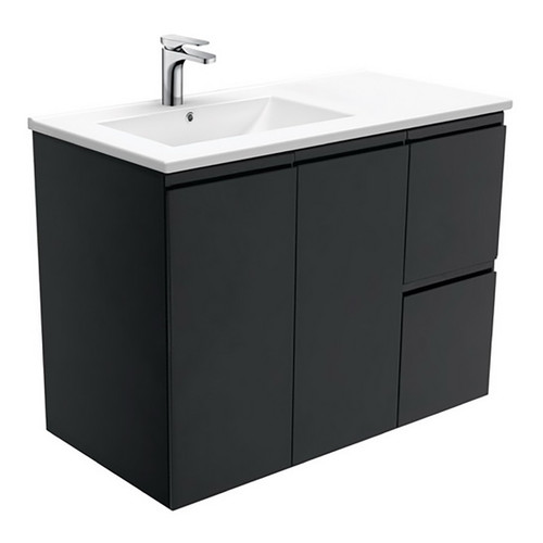Dolce 900 Left Offset Ceramic Basin-Top + Fingerpull Matte Black Cabinet Wall-Hung 2 Door 2 Drawer 1 Tap Hole [197677]