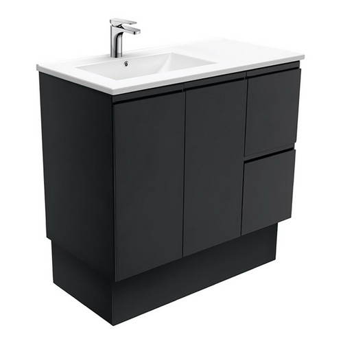 Dolce 900 Left Offset Ceramic Basin-Top + Fingerpull Matte Black Cabinet on Kick Board 2 Door 2 Drawer 1 Tap Hole [197679]