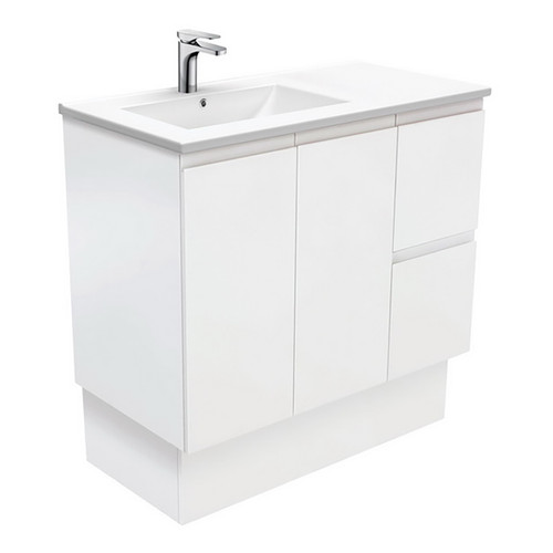 Dolce 900 Left Offset Ceramic Basin-Top + Fingerpull Matte White Cabinet on Kick Board 2 Door 2 Drawer 3 Tap Hole [197682]