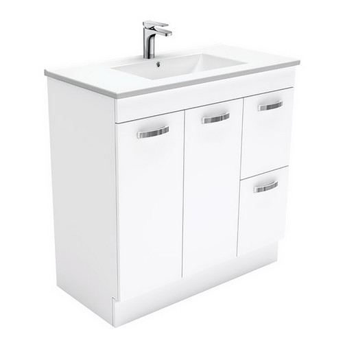Dolce Ceramic Moulded Basin-Top + Unicab Gloss White Cabinet On Kick Board 900mm 2 Door 2 Right Hand Drawer 3 Tap Holes [197688]