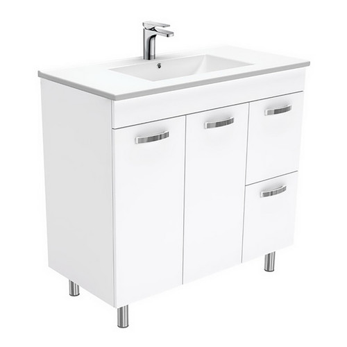 Dolce 900 Ceramic Moulded Basin-Top + Unicab Gloss White Cabinet on Legs 2 Door 2 Right Drawer No Tap Hole [197693]